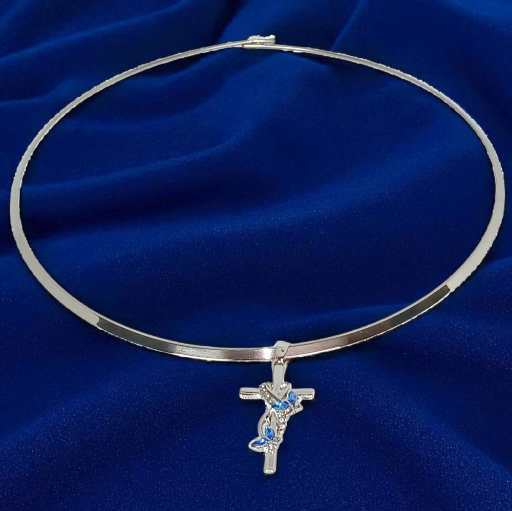 Silver Torque Cross Charm Necklace Choker Fairycore Christian Gothic Lolita 80s